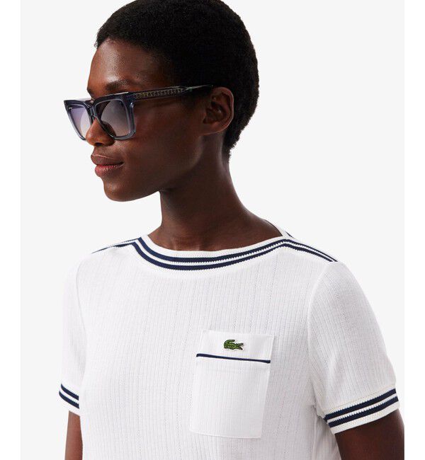 LACOSTE「フランスメイド レース調リブニットボーダー ボートネックTシャツ」|Tシャツ・カットソー|