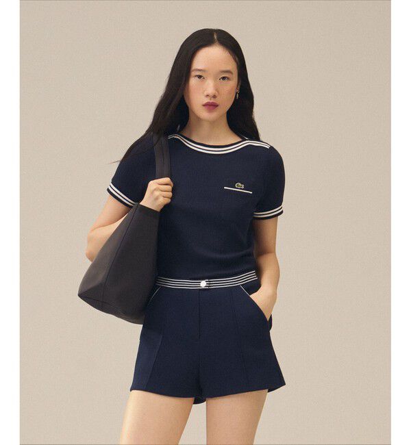 LACOSTE「フランスメイド レース調リブニットボーダー ボートネックTシャツ」|Tシャツ・カットソー|