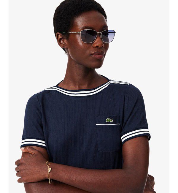 LACOSTE「フランスメイド レース調リブニットボーダー ボートネックTシャツ」|Tシャツ・カットソー|