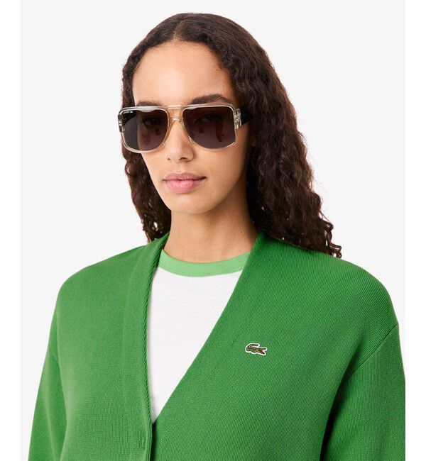 LACOSTE「配色シームライン Vネックショートニットカーディガン」|カーディガン|