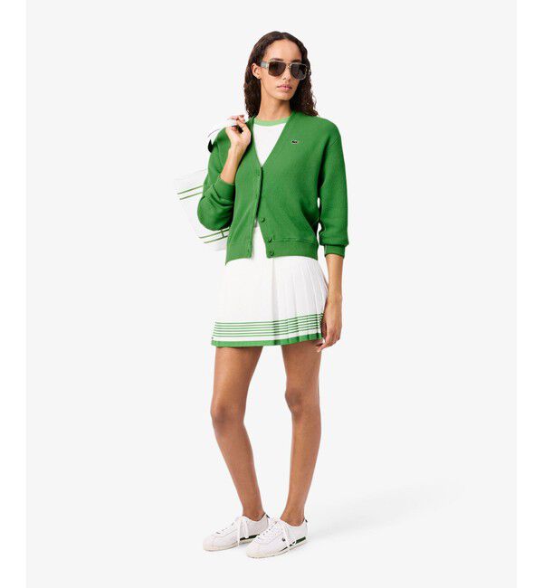 LACOSTE「配色シームライン Vネックショートニットカーディガン」|カーディガン|