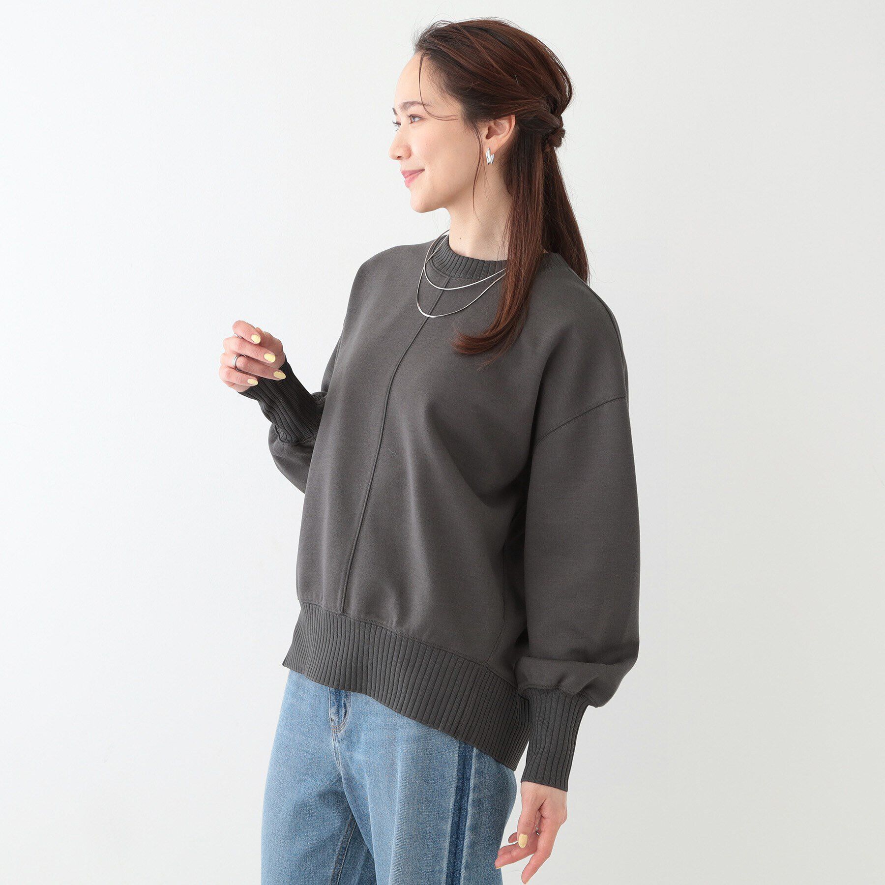 SHOO･LA･RUE「【洗える/S-LL】長めのリブでお袖すっきり 異素材トップス」|Tシャツ・カットソー|