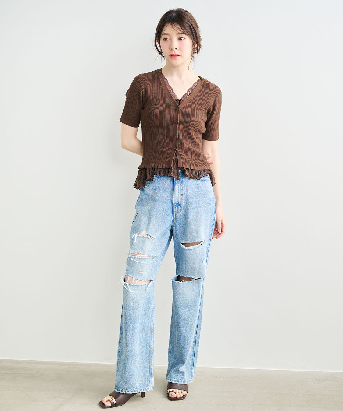 COCO DEAL「ハイダメージストレートデニムパンツ」|デニム|