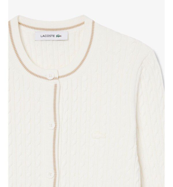 LACOSTE「配色ライン入りケーブルニットカーディガン」|カーディガン|