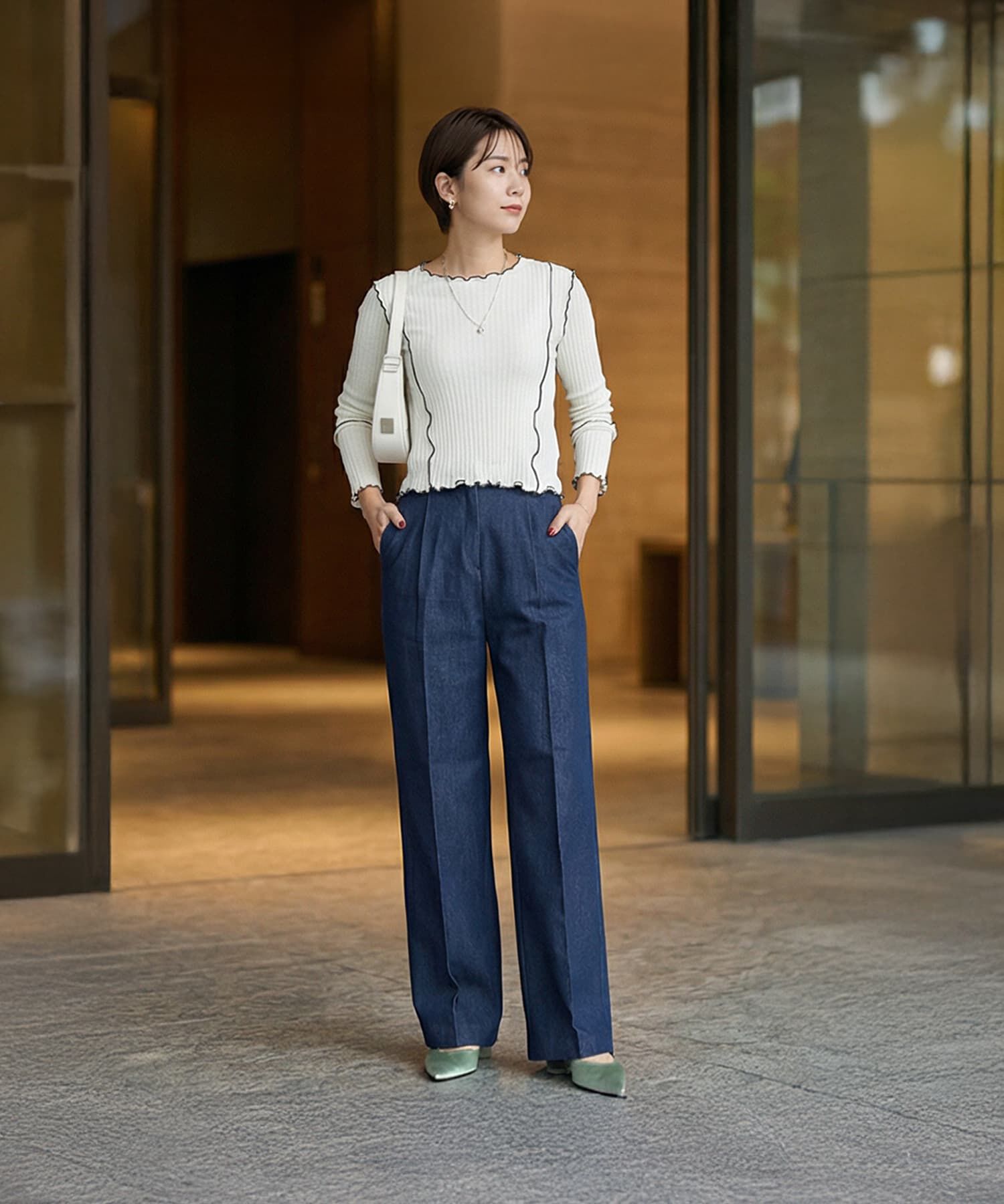 STYLE DELI「デニム風センターラインストレートパンツ」|デニム|