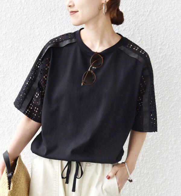 SHIPS for women「《一部追加予約》【WEB限定】〈手洗い可能〉レース コンビ ショート スリーブ カットソー」|Tシャツ・カットソー|
