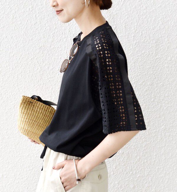 SHIPS for women「《一部追加予約》【WEB限定】〈手洗い可能〉レース コンビ ショート スリーブ カットソー」|Tシャツ・カットソー|