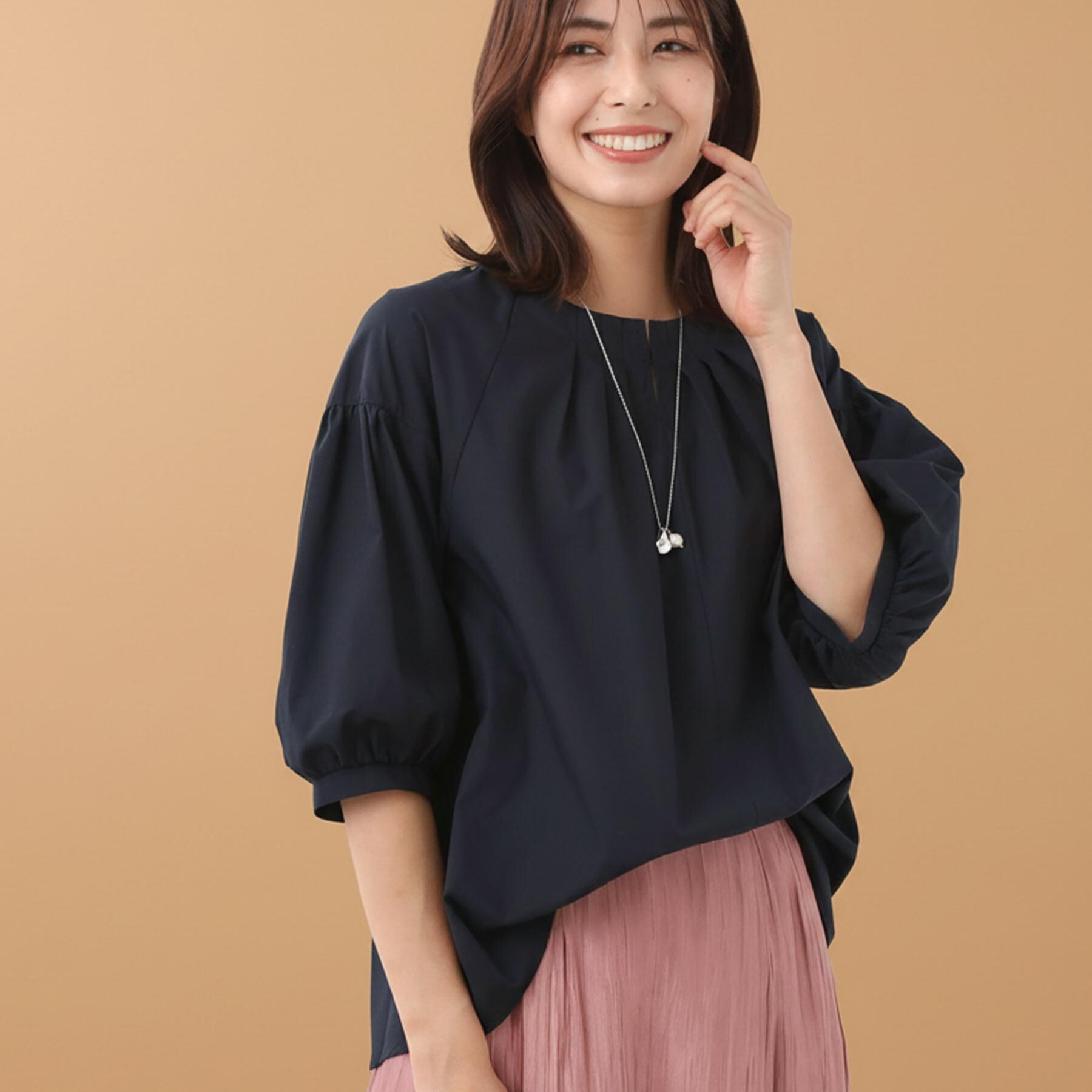 Reflect「【E‐QUALITY／体型カバー／ゆったり着られる◎】ストライプ&times;パフスリーブのブラウス」|シャツ・ブラウス|ネイビー(094)