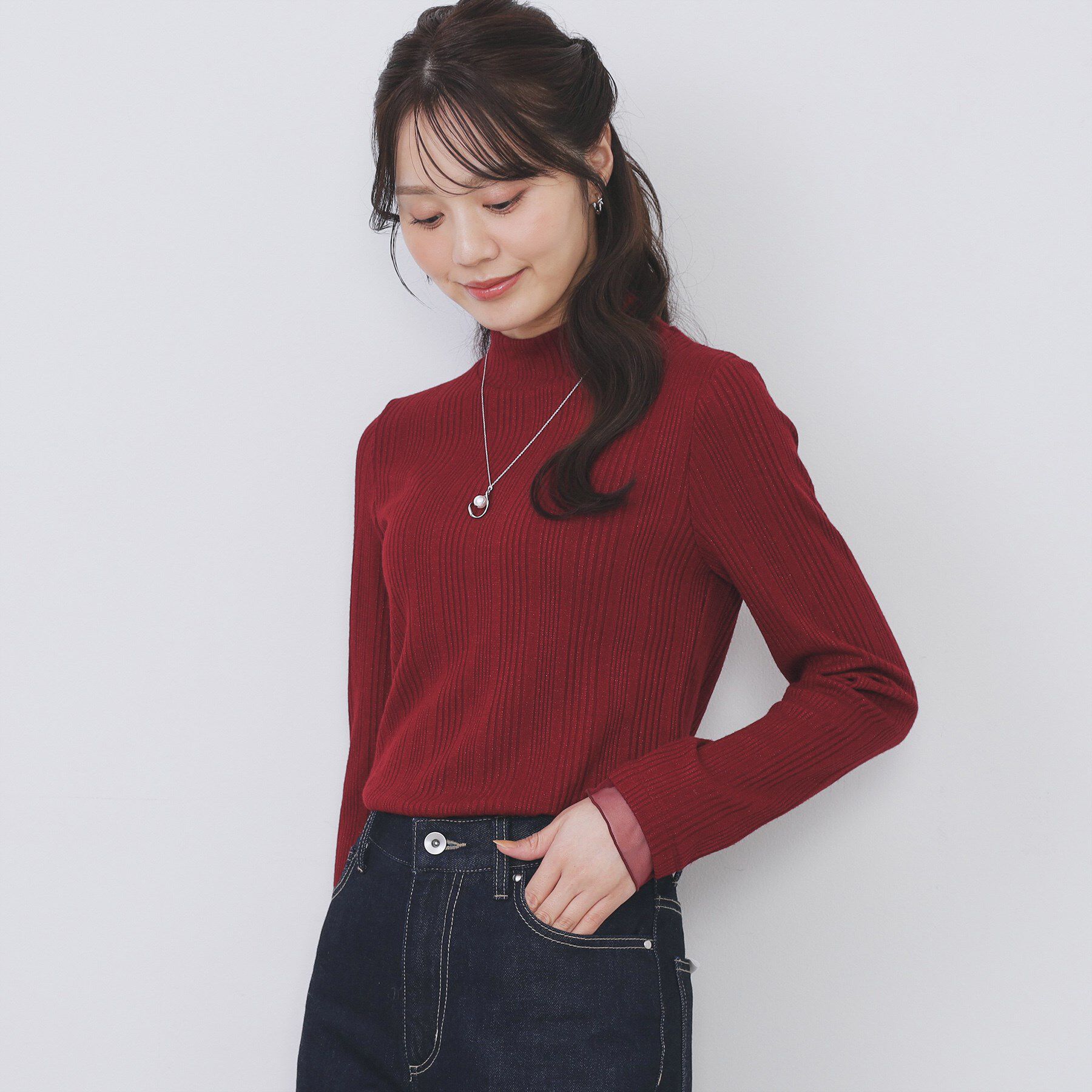 index「ランダムリブハイネックトップス【洗濯機OK／吸湿発熱】」|Tシャツ・カットソー|