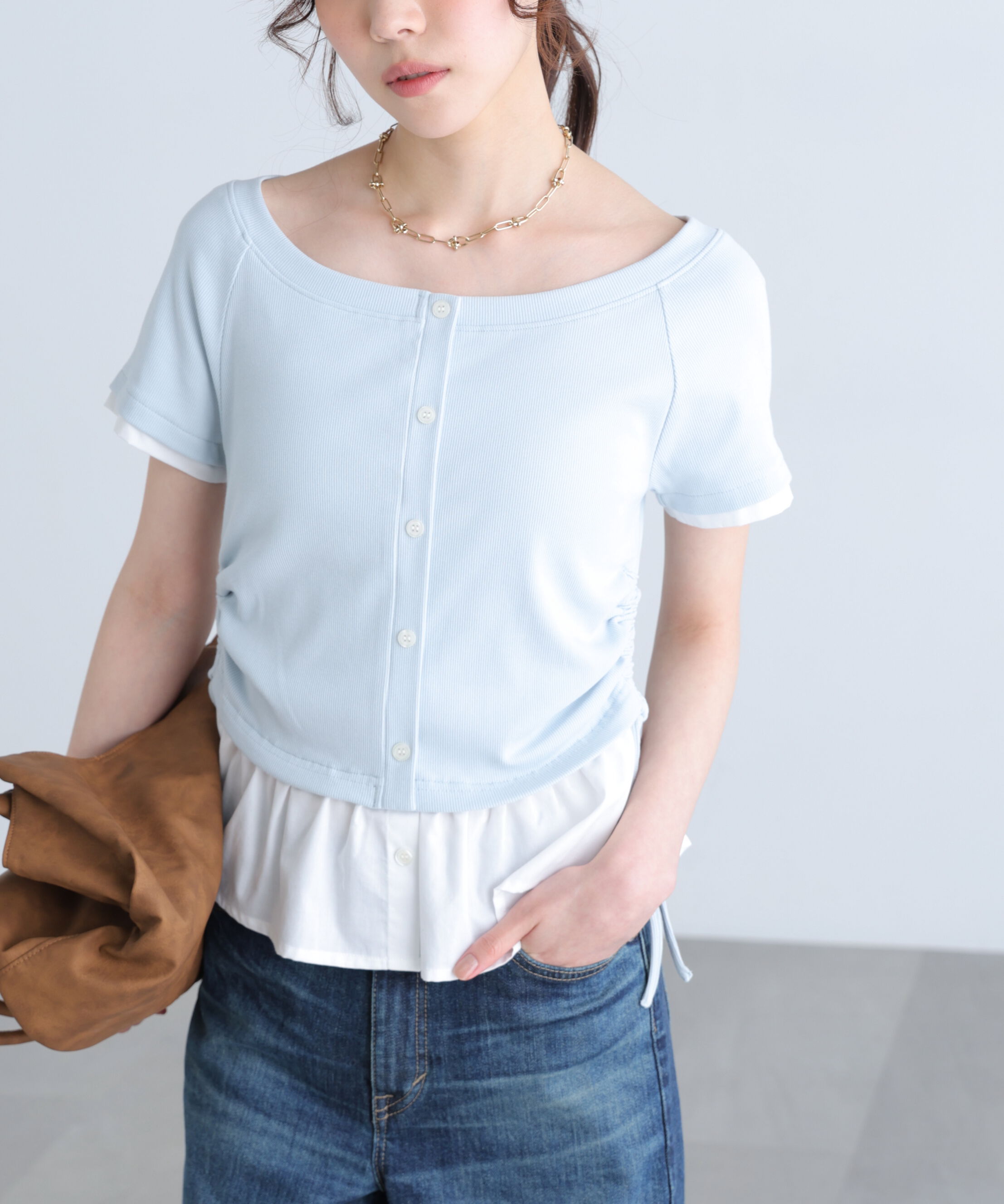 「布帛ドッキングサイドシャーリング半袖カットソー」|Tシャツ・カットソー|