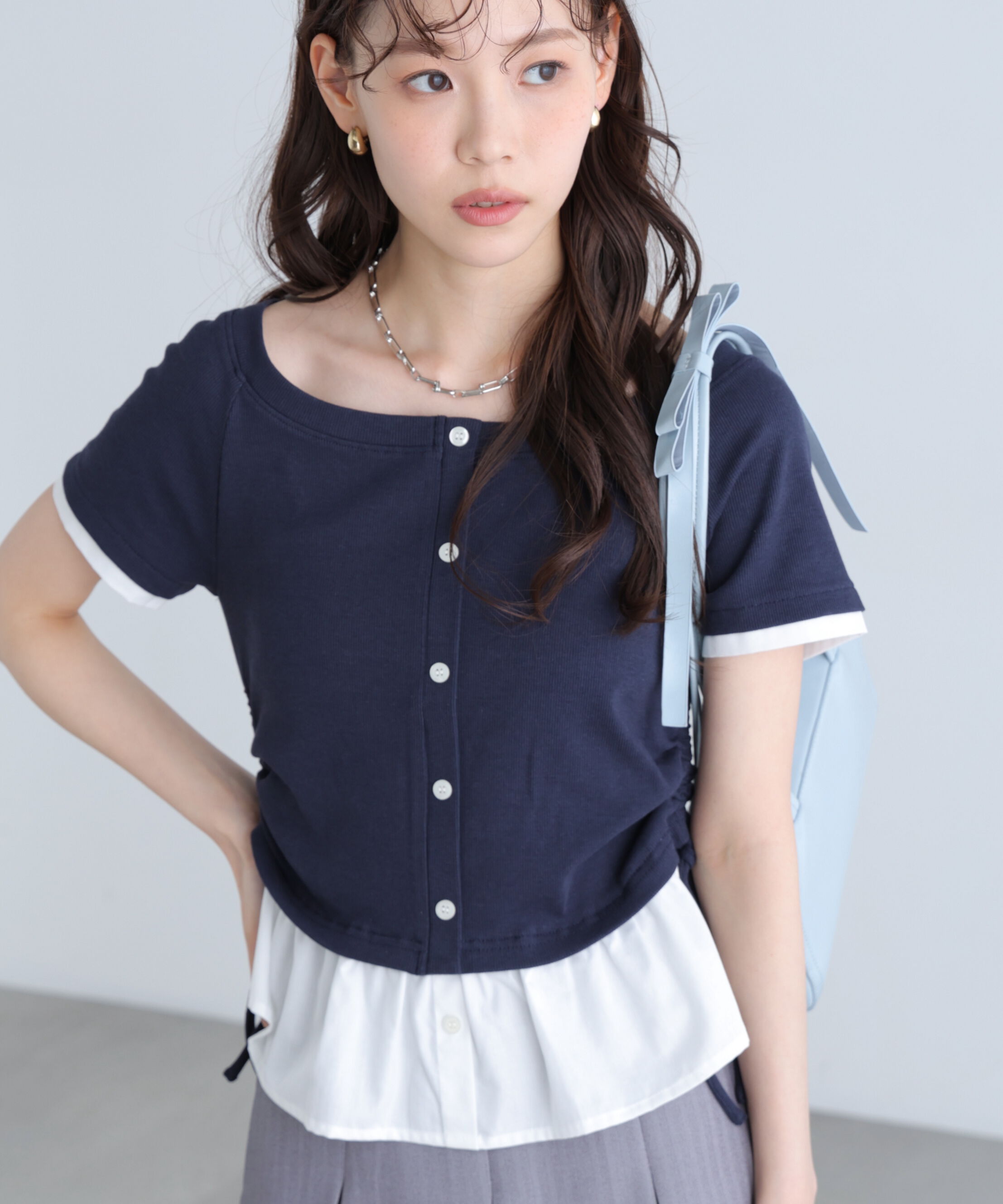  「布帛ドッキングサイドシャーリング半袖カットソー」|Tシャツ・カットソー|ネイビー