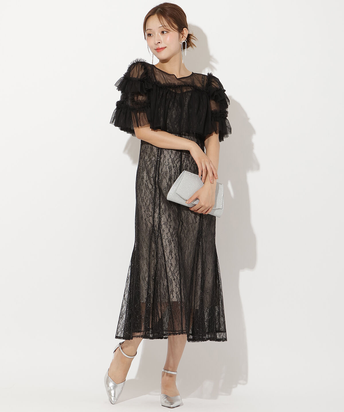 アンドクチュール「チュールフリルブラウス+レースキャミドレス」|ドレス|ブラック