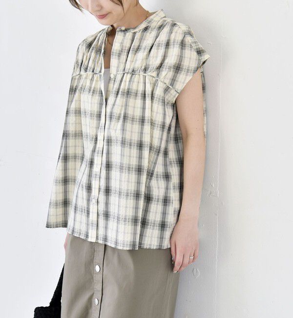 quaranciel「《予約》quaranciel:〈手洗い可能〉チェック ギャザー バンドカラー フレンチ シャツ」|シャツ・ブラウス|