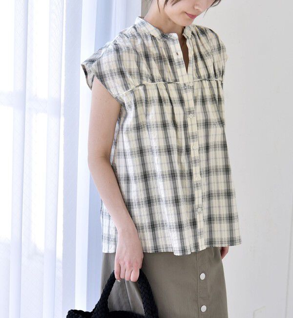 quaranciel「《予約》quaranciel:〈手洗い可能〉チェック ギャザー バンドカラー フレンチ シャツ」|シャツ・ブラウス|