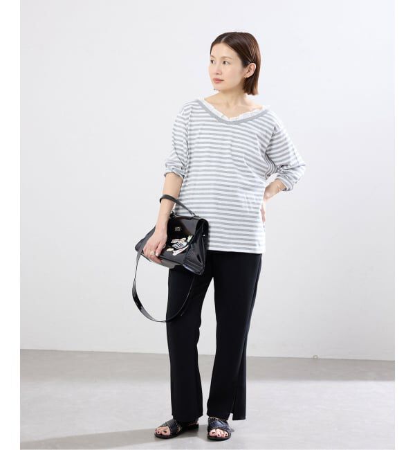IENA「BLACK フリル付きボーダーカットソー」|Tシャツ・カットソー|