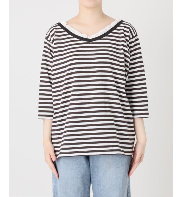 IENA「BLACK フリル付きボーダーカットソー」|Tシャツ・カットソー|