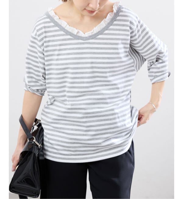 IENA「BLACK フリル付きボーダーカットソー」|Tシャツ・カットソー|