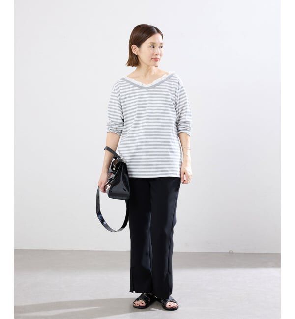 IENA「BLACK フリル付きボーダーカットソー」|Tシャツ・カットソー|