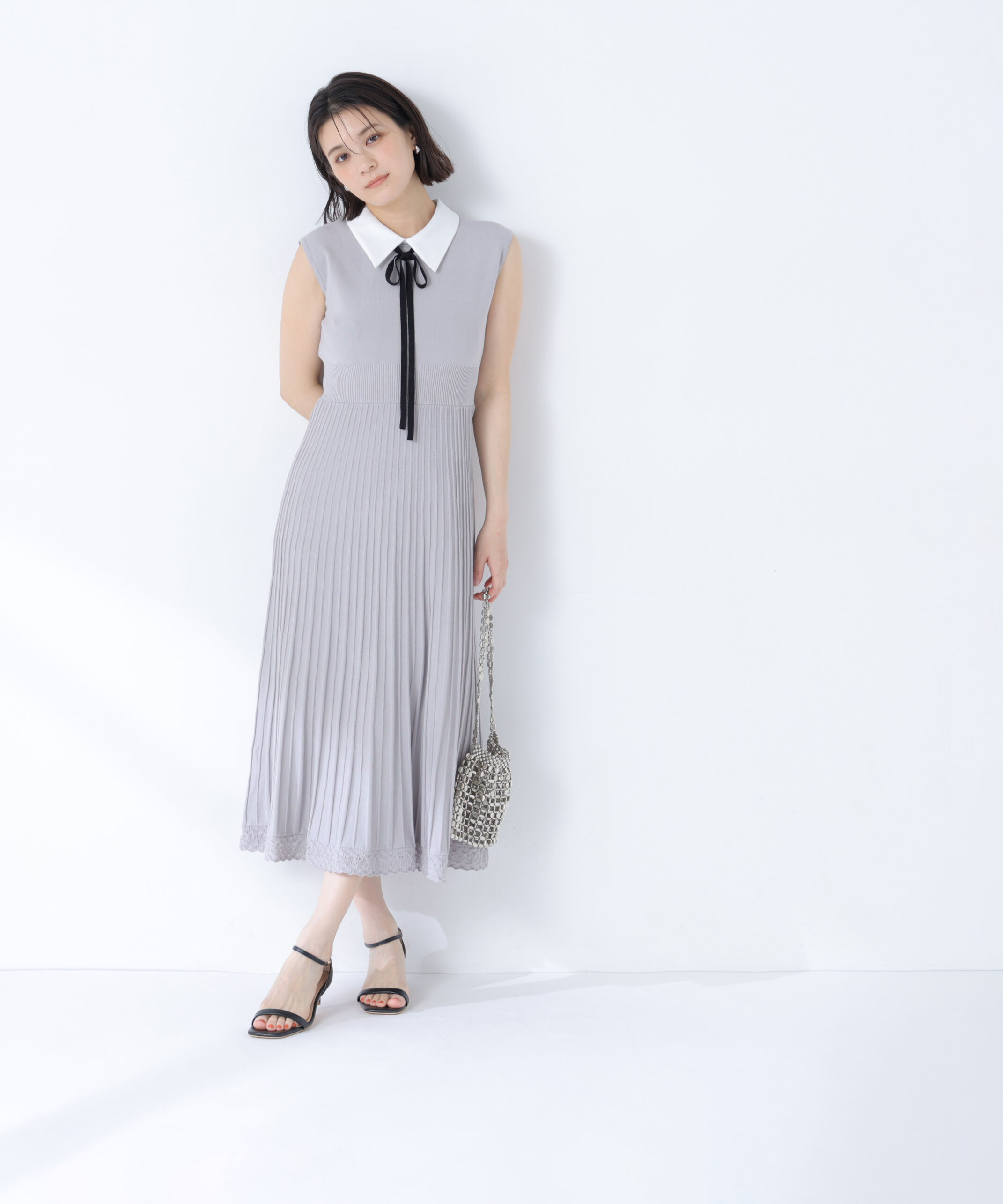  「シャツカラーナローリボンニットワンピース」|ワンピース|
