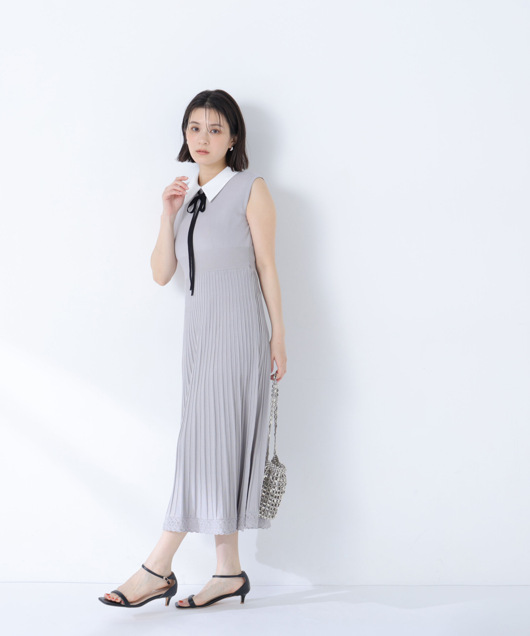 「シャツカラーナローリボンニットワンピース」|ワンピース|