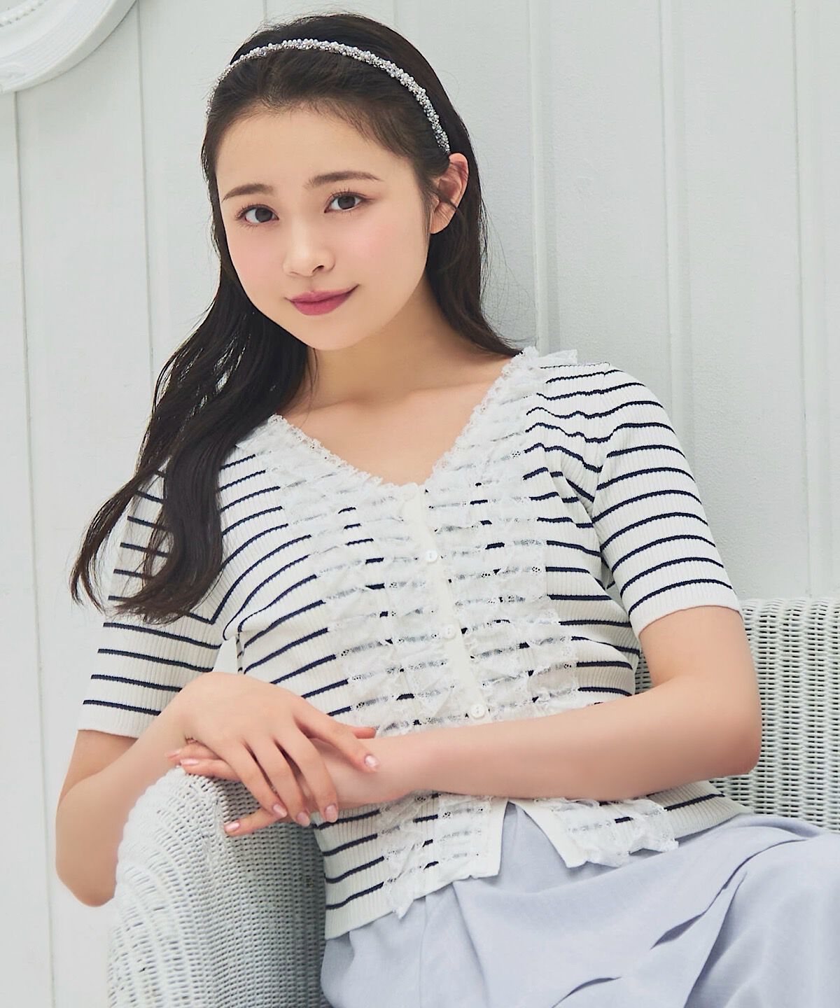 WILLSELECTION「レースフリルリブニットカーディガン」|カーディガン|white/borderｽﾄﾗｲﾌﾟ