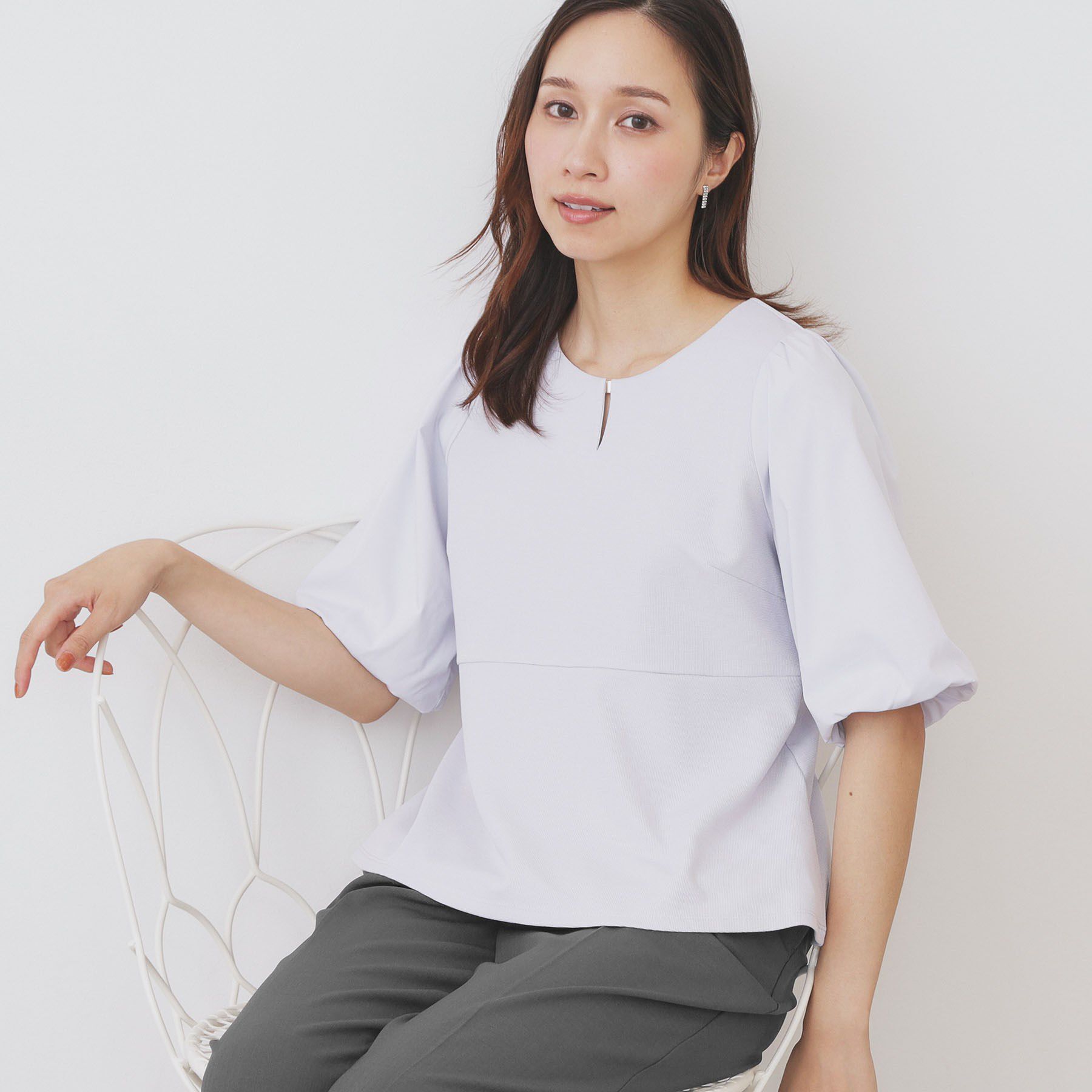 index「《S-LLサイズ》バルーンスリーブペプラムトップス【洗濯機洗い可／接触冷感／UVケア】」|Tシャツ・カットソー|サックスブルー(09