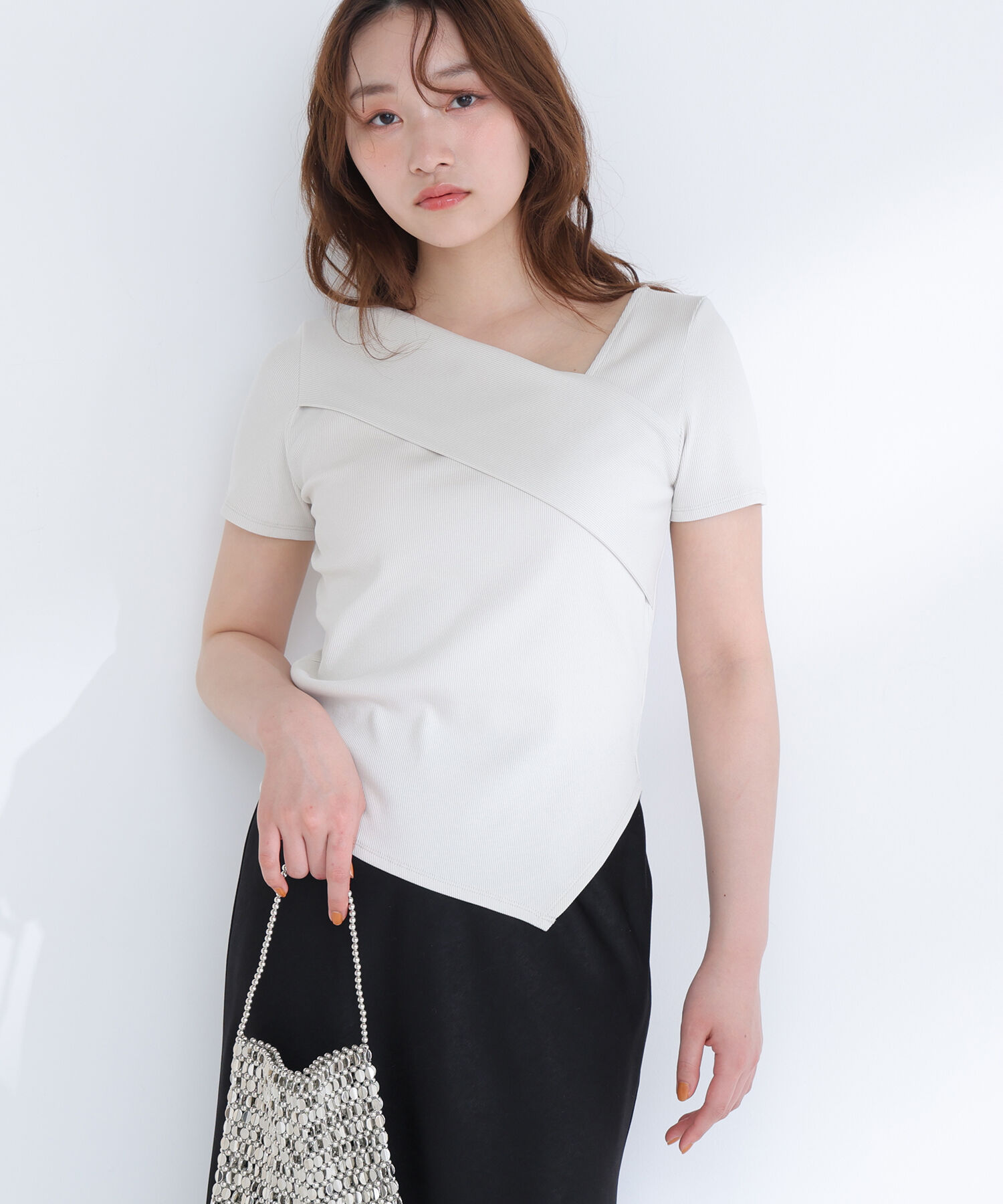  「アシメネックリブカットソー」|Tシャツ・カットソー|