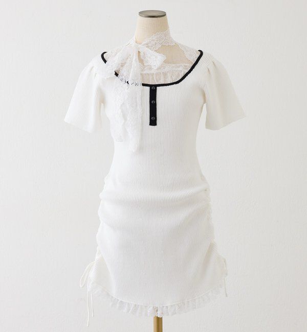  「 【Lace Collection】ドロストニットミニワンピース」|ワンピース|