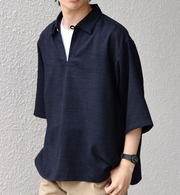 SHIPS any「SHIPS any:〈UVカット〉FUTURE LINEN CANVAS リネンライク スキッパー プルオーバーシャツ◆」|シャツ・ブラウス|ネイビー