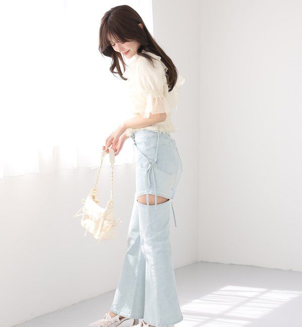  「【 XS/S/Mサイズ展開】サイドスリットリボン美脚デニムパンツ」|その他|