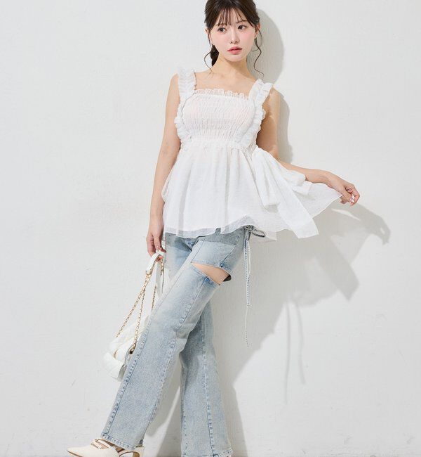  「【 XS/S/Mサイズ展開】サイドスリットリボン美脚デニムパンツ」|その他|
