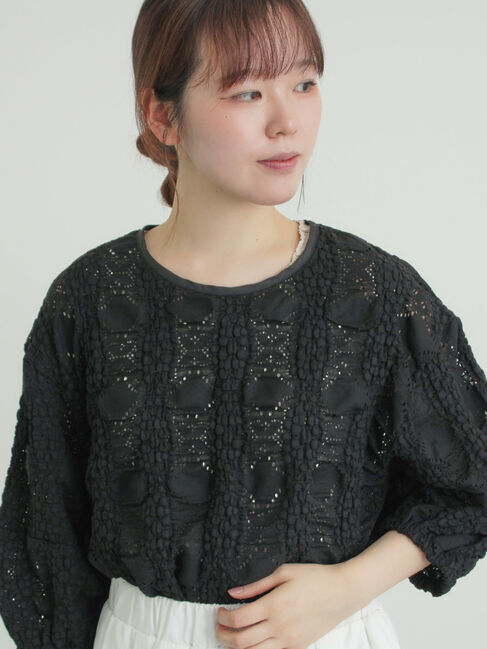 Samansa Mos2「レース膨れジャガードプルオーバー」|Tシャツ・カットソー|ブラック