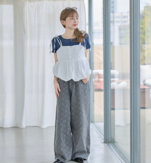  「【夏デニム/下半身痩せ/2サイズ展開】ワイドフラワーエンブロイダリーデニム」|デニム|