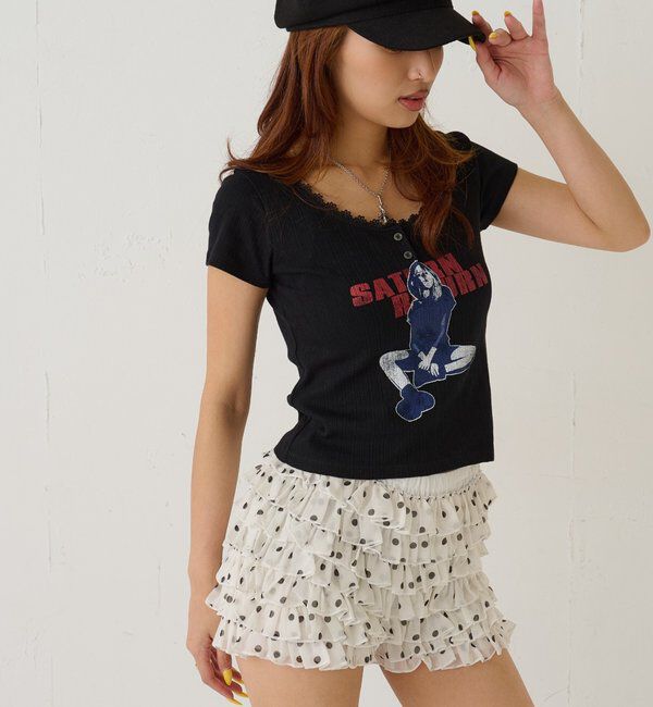  「シャーロットパターンメッシュS/Sトップス」|Tシャツ・カットソー|ブラック