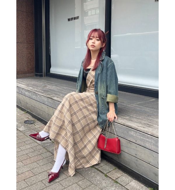 EVRIS「フェイクレザードッキングチェックロングワンピース」|ワンピース|