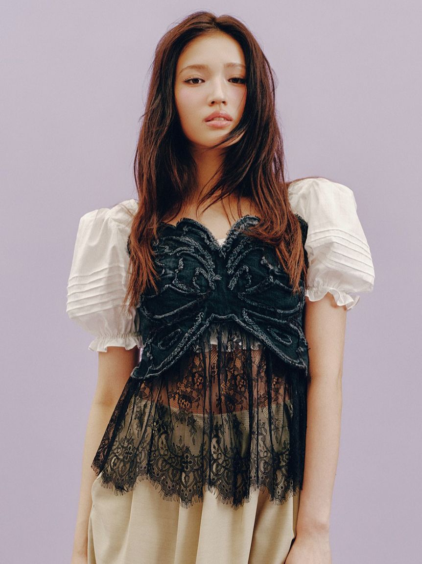 LILY BROWN「【LILY BROWN&times;ANNA SUI】バタフライレースデニムビスチェトップス」|ベスト・ジレ|BLK