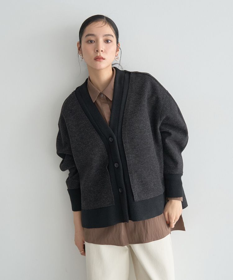 YECCA VECCA「ニット切替メルトンVネックカーディガン」|カーディガン|Charcoal Gray