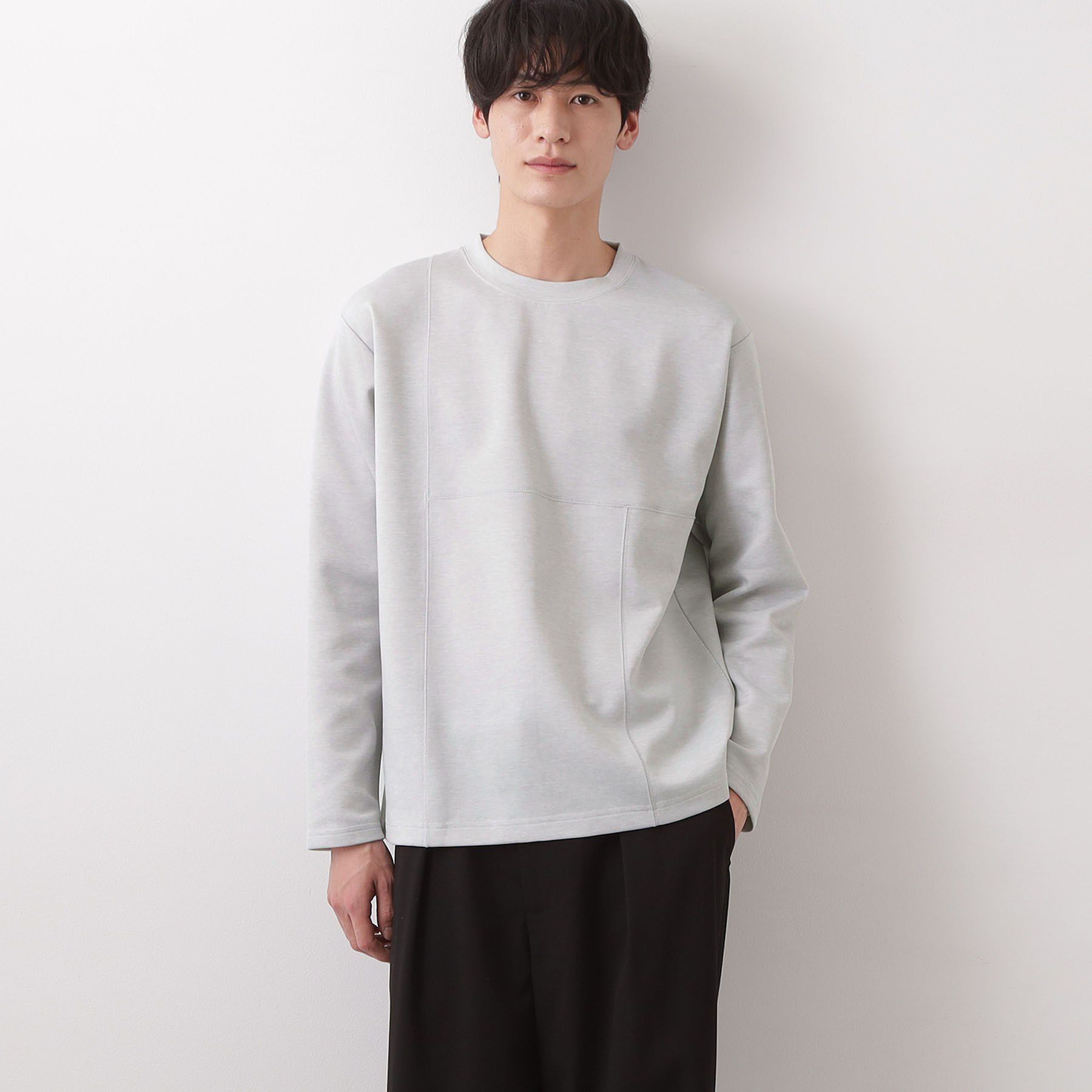 THE SHOP TK「ダンボール ステッチ切替デザイン 長袖Tシャツ 洗濯機OK」|Tシャツ・カットソー|ライトグレー(011