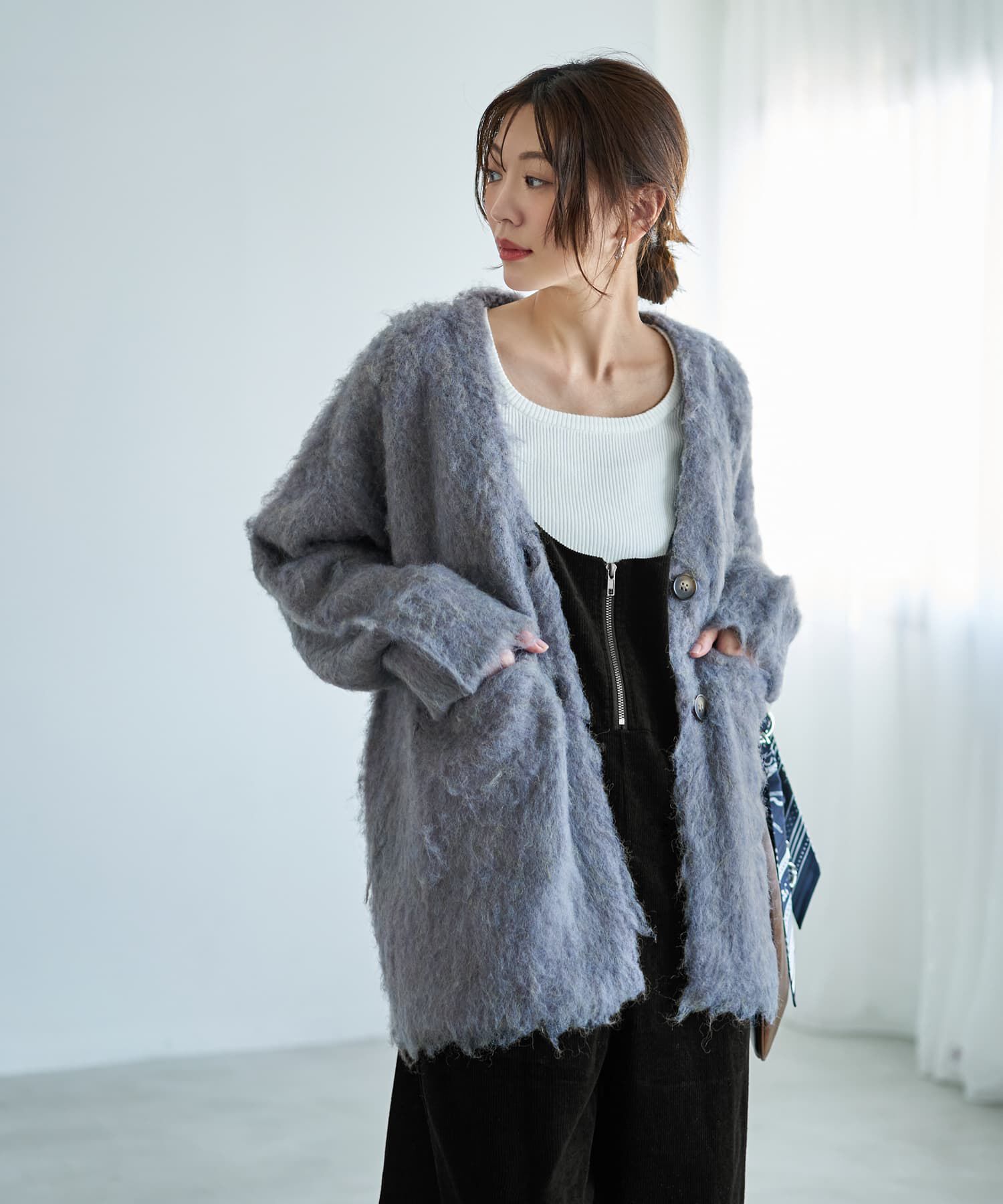 STYLE DELI「【LUXE】毛起こしブークレポケットカーディガン」|ニット・セーター|グレー