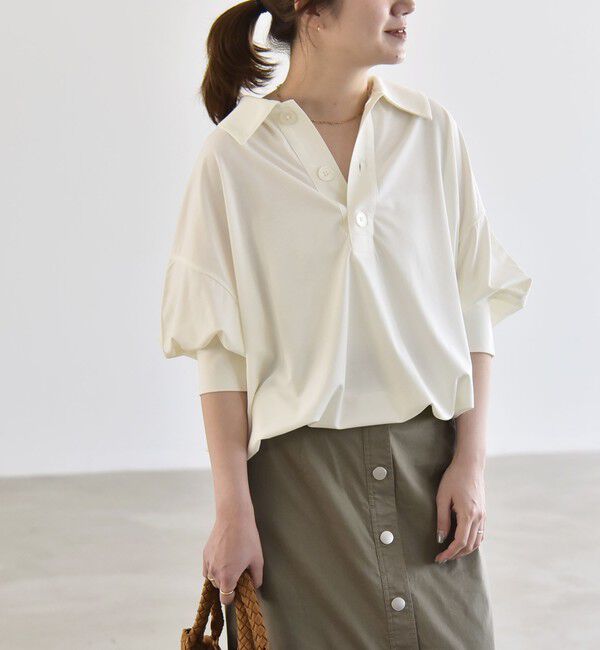 quaranciel「《予約》quaranciel:〈接触冷感/洗濯機可能〉シルク ミックス ポンチ ドロスト ポロ プルオーバー」|Tシャツ・カットソー|