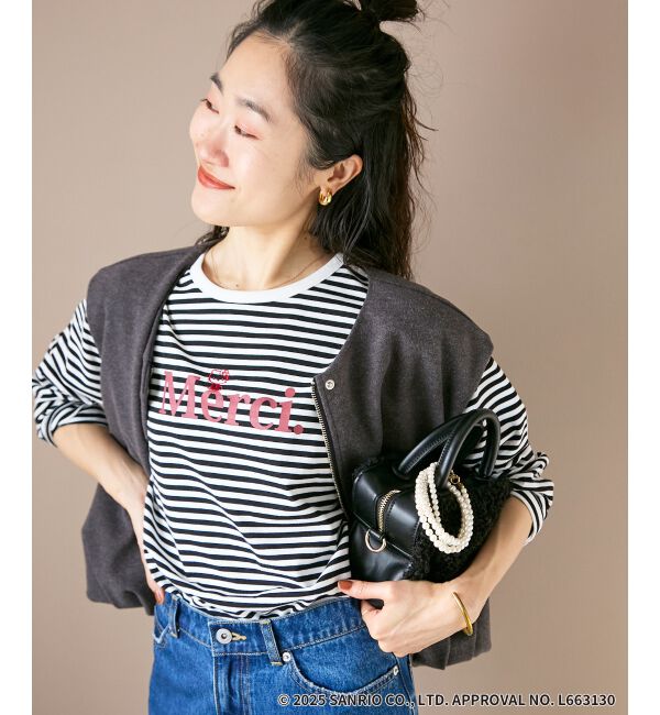  「【HELLO KITTY】Merci刺繍ボーダーロンT」|Tシャツ・カットソー|ブラック柄