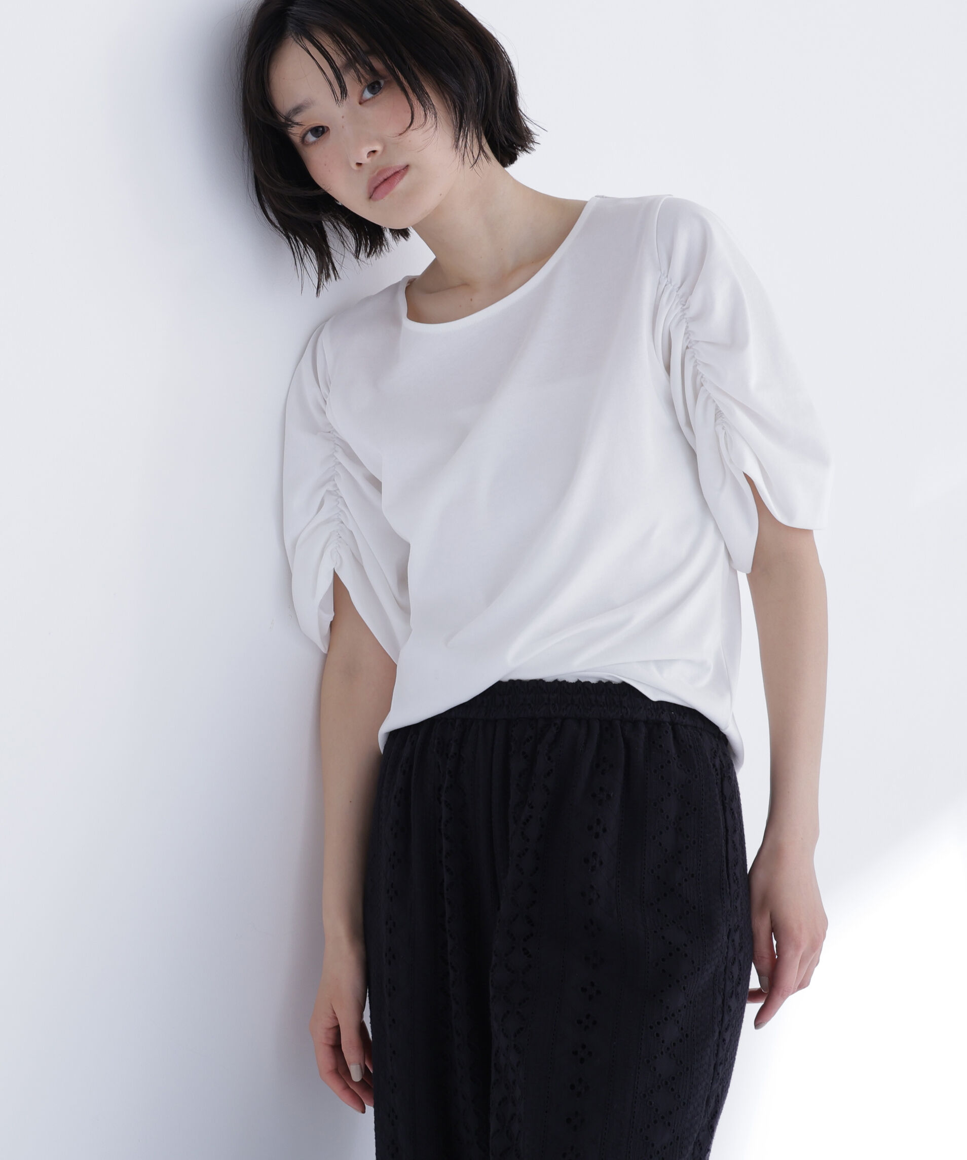  「ギャザースリーブカットソー」|Tシャツ・カットソー|