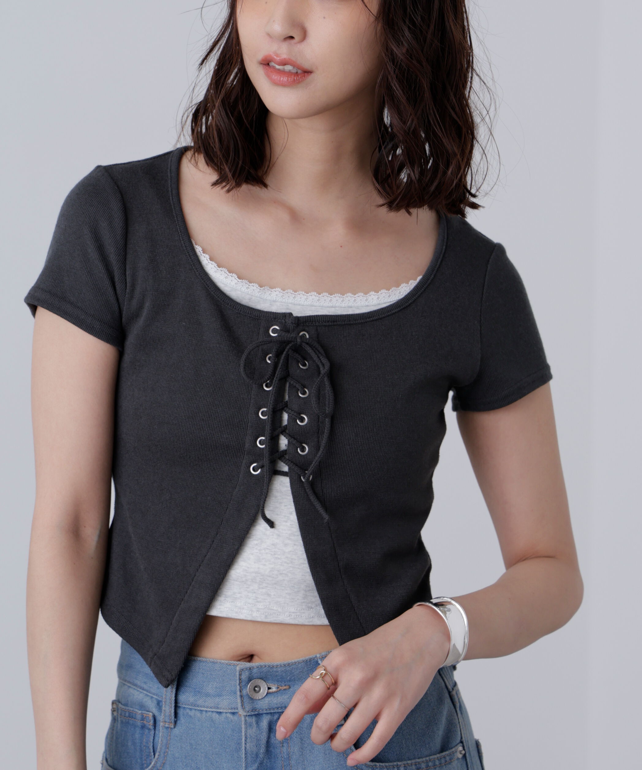  「レースアップレイヤードカットソー」|Tシャツ・カットソー|
