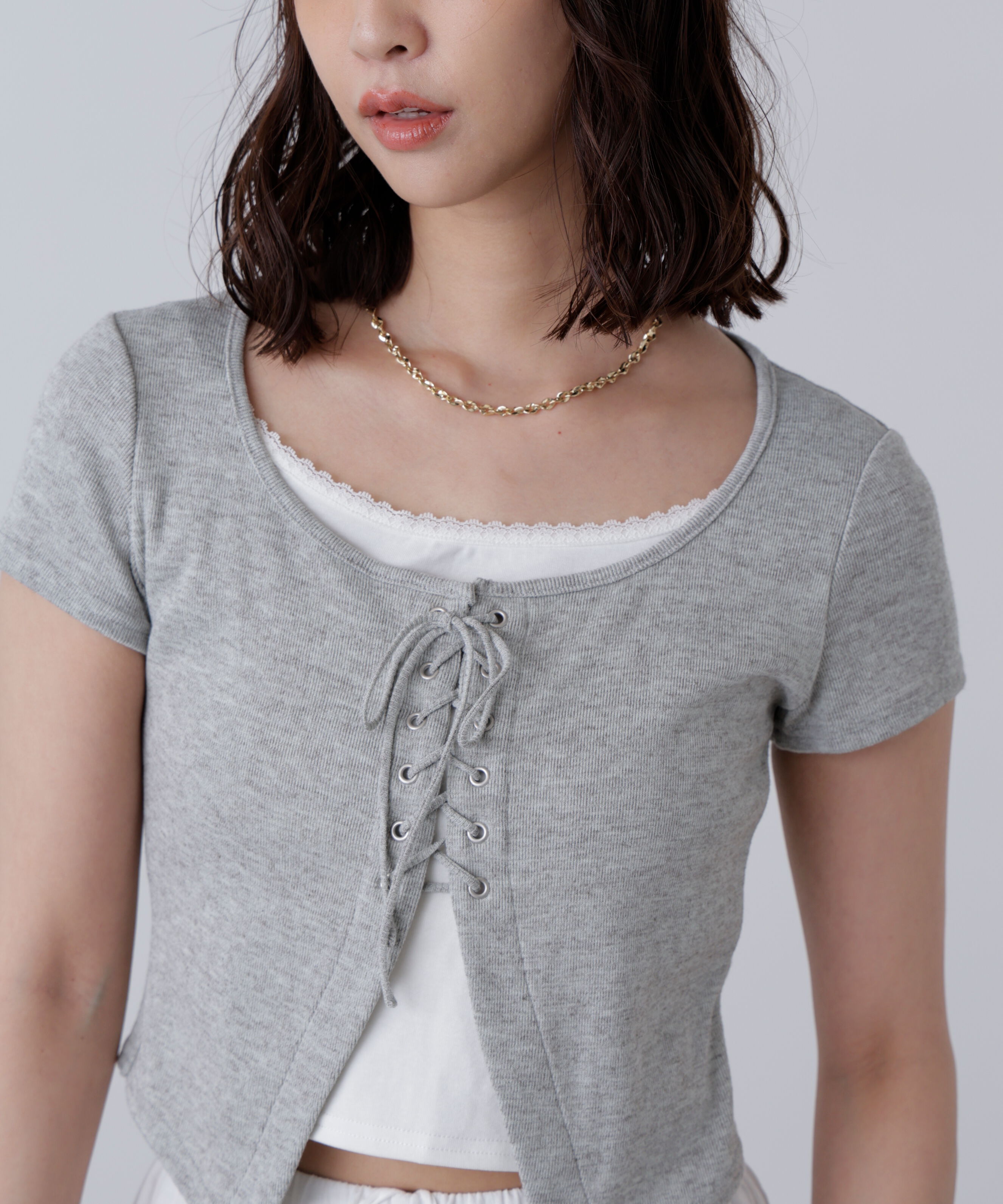  「レースアップレイヤードカットソー」|Tシャツ・カットソー|