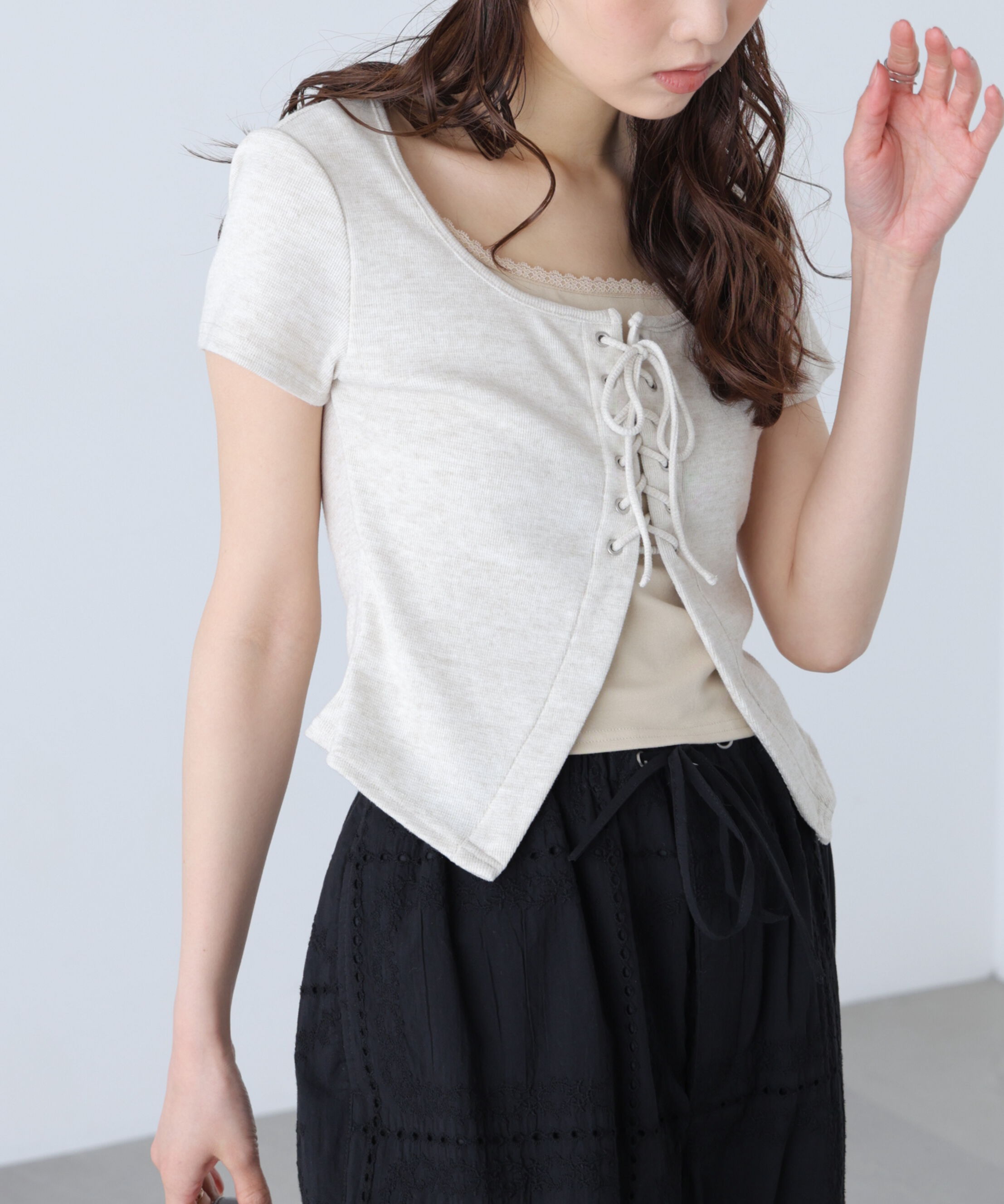  「レースアップレイヤードカットソー」|Tシャツ・カットソー|