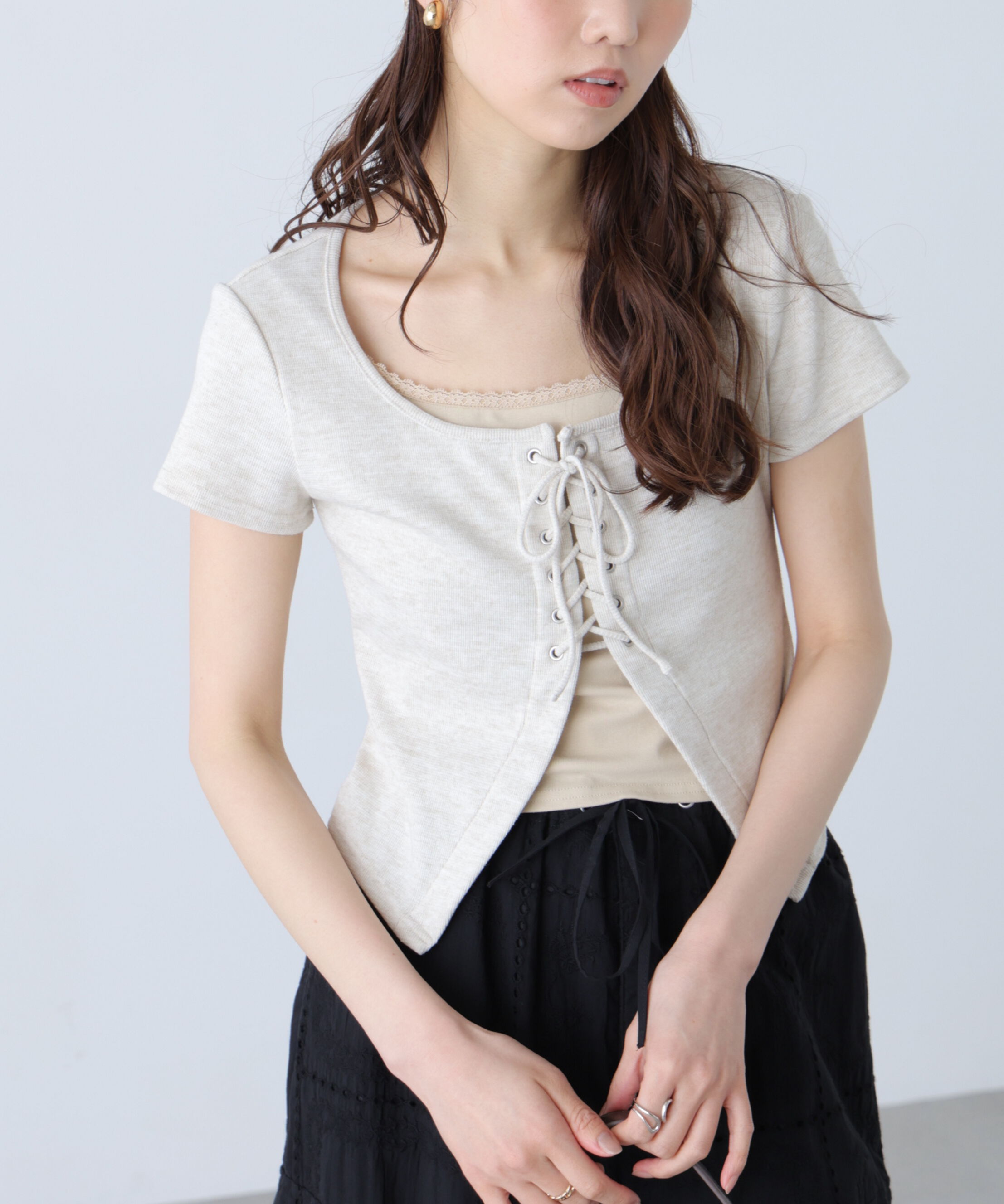  「レースアップレイヤードカットソー」|Tシャツ・カットソー|