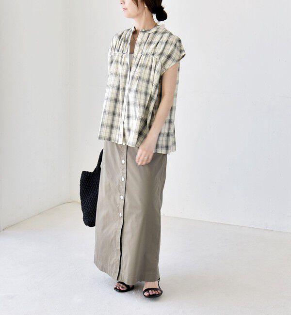 quaranciel「《予約》quaranciel:〈手洗い可能〉チェック ギャザー バンドカラー フレンチ シャツ」|シャツ・ブラウス|