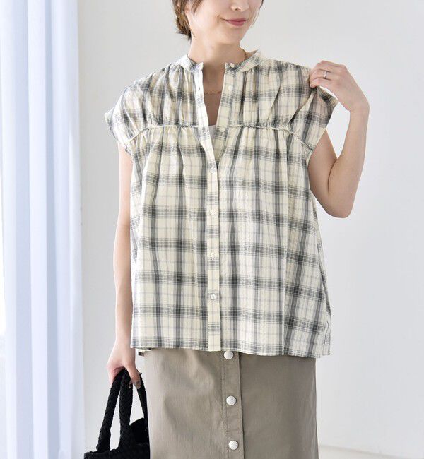 quaranciel「《予約》quaranciel:〈手洗い可能〉チェック ギャザー バンドカラー フレンチ シャツ」|シャツ・ブラウス|