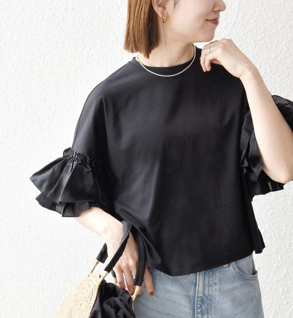 SHIPS any「《予約》SHIPS any:〈洗濯機可能〉フリル スリーブ クルーネック コンパクト TEE」|Tシャツ・カットソー|