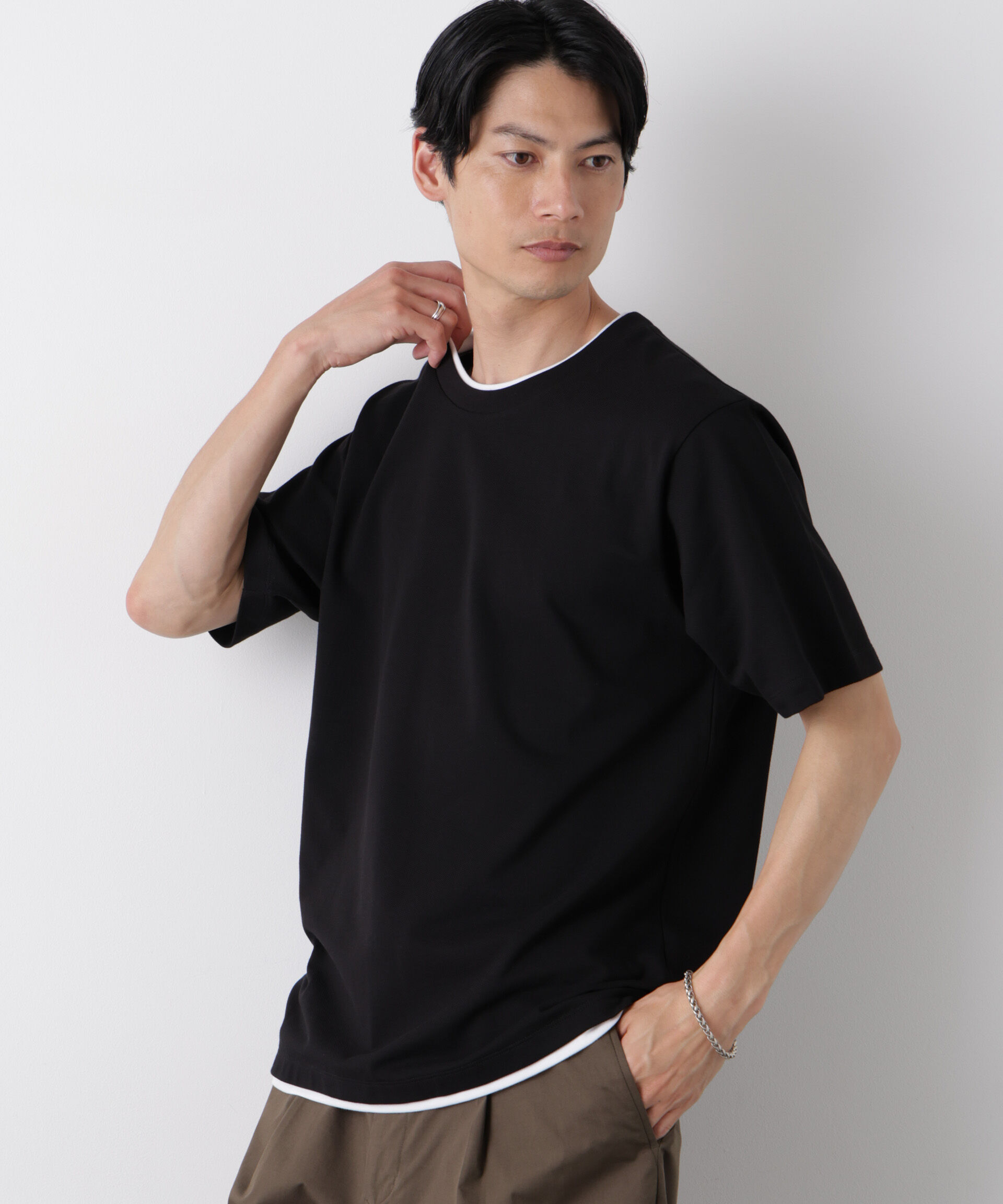 nano･universe「フェイクレイヤード鹿の子Tシャツ 半袖」|Tシャツ・カットソー|ブラック